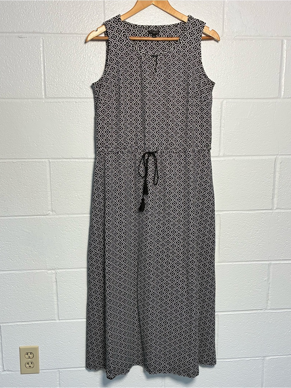 Talbots cotton modal blend black white geometric dress with tassels